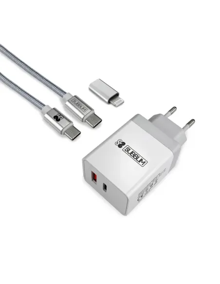 SUBBLIM CARGADOR ULTRA RAPIDO 2xUSB DE PARED PD25W+QC3.0+Cable C to C y lightning Blanco