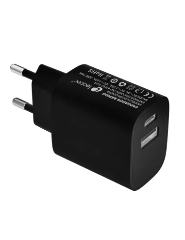 LEOTEC CARGADOR 20W CARGA RAPIDA 1 USB TIPO-C PD 1 USB-A NEGRO