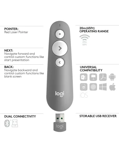 Logitech R500 apuntador inalámbricos Bluetooth RF Gris