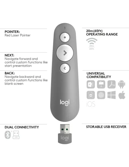 Logitech R500 apuntador inalámbricos Bluetooth RF Gris