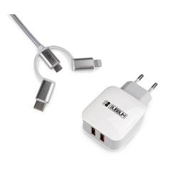 SUBBLIM CARGADOR USB DE VIAJE/PARED 2xUSB (2.4A) + CABLE 3EN1 WHITE Plata, Blanco Interior