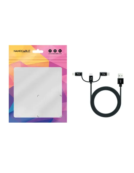 Nanocable Cable USB 3 en 1 Carga Datos USB-A a USB-C Micro USB Lightning 1 m, Negro