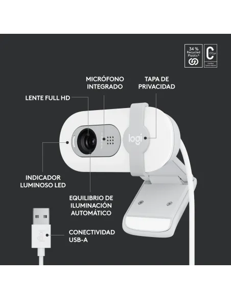 Logitech Brio 100 cámara web 2 MP 1920 x 1080 Pixeles USB Blanco