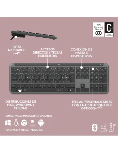 Logitech MK950 Signature Slim, teclado y ratón inalámbricos, diseño elegante, escritura y clics discretos, uso alternante de 3