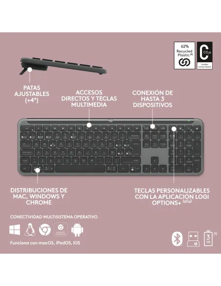 Logitech MK950 Signature Slim, teclado y ratón inalámbricos, diseño elegante, escritura y clics discretos, uso alternante de 3